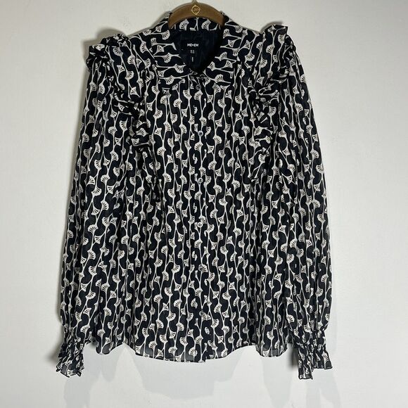 ME+EM Top Women’s 12 Blue Silk Cotton Ginko Leaf Print Blouse Preppy Ruffle - Picture 1 of 7
